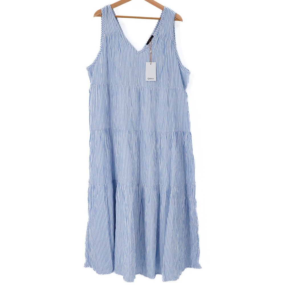 Quince Maxi Dress Womens Tiered Organic Cotton Gauze XL Blue Stripe India